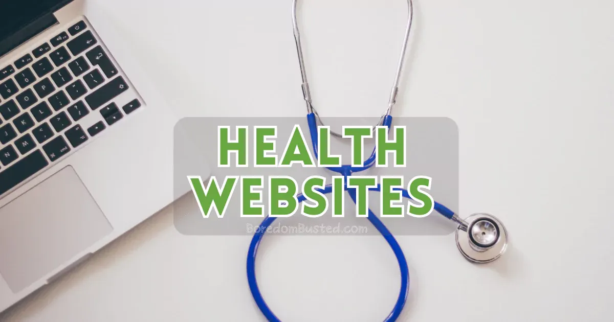 A laptop with a stethoscope and the words health websites to visit when bored, "health websites"