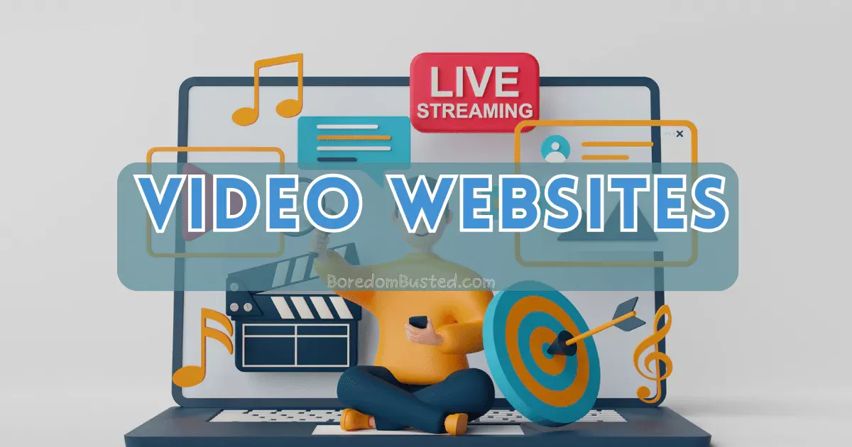 A cartoon man sitting on a laptop exploring live streaming video websites to cure boredom, "Video Websites"