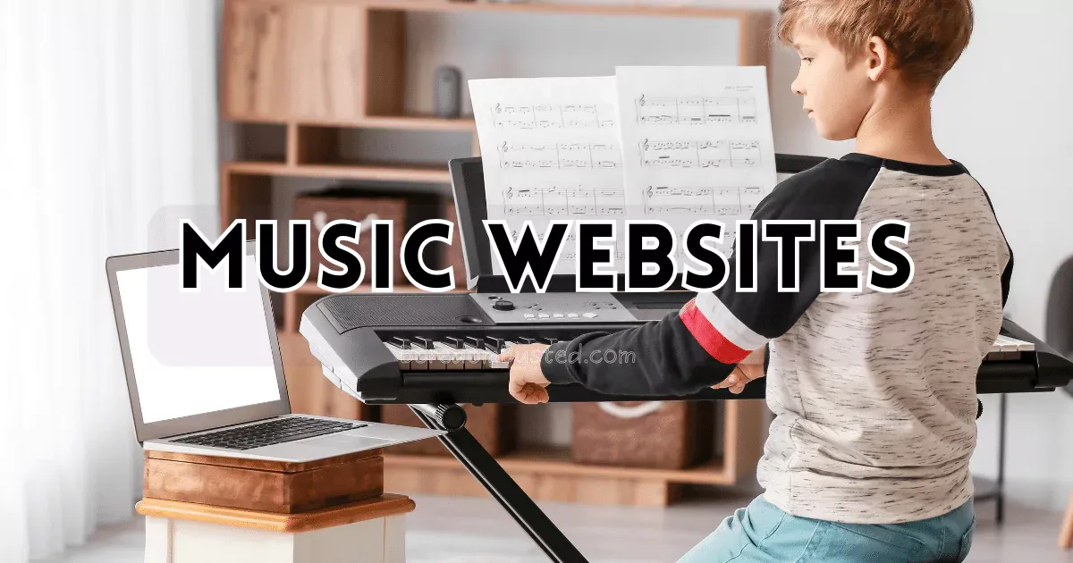 A boy playing music on a keyboard while browsing websites to cure boredom on a laptop, "music websites"