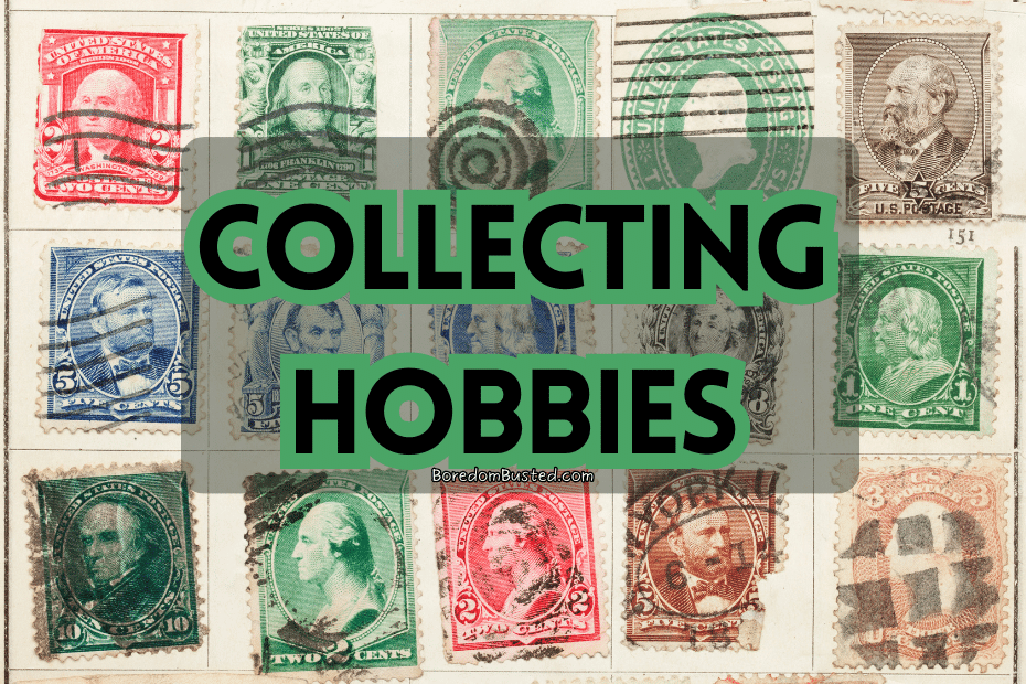 "collecting hobbies" text, old stamps in the background.