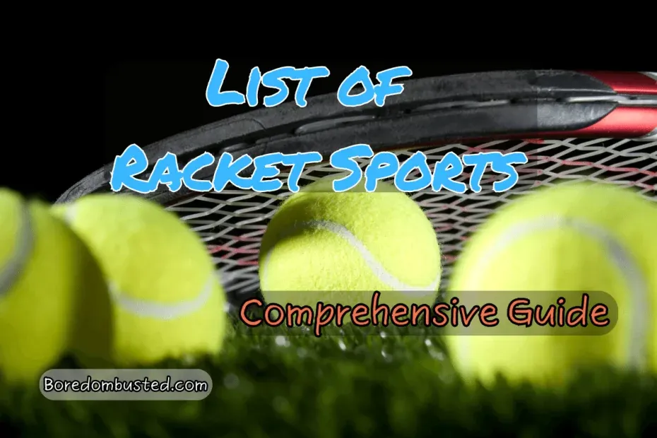list of racket sports featured image, balls and racket, black background.