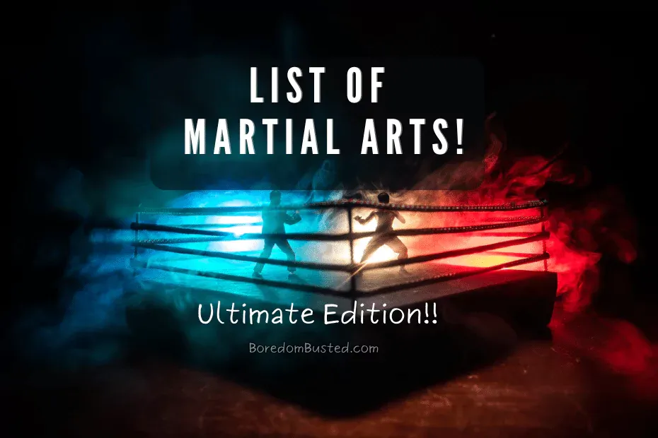 'list of martial arts!" featured image. 2 men in boxing ring. vivid color background surrounded by black.