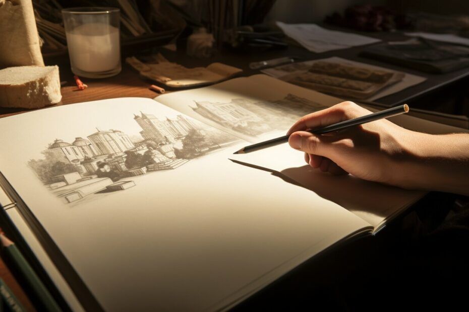 A person is pencil sketching a picture in an open book.