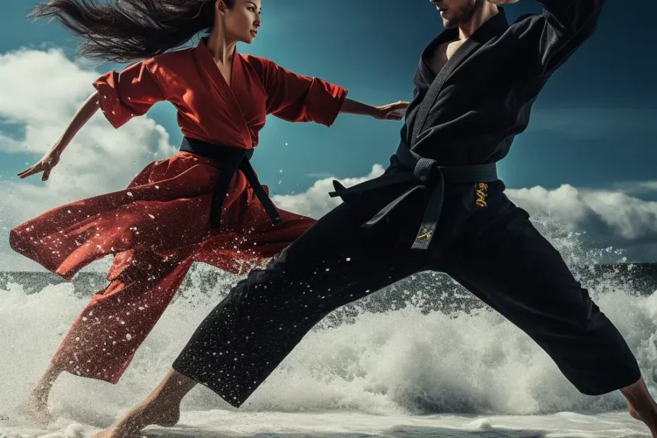 Two people in karate costumes on the beach practicing hapkido