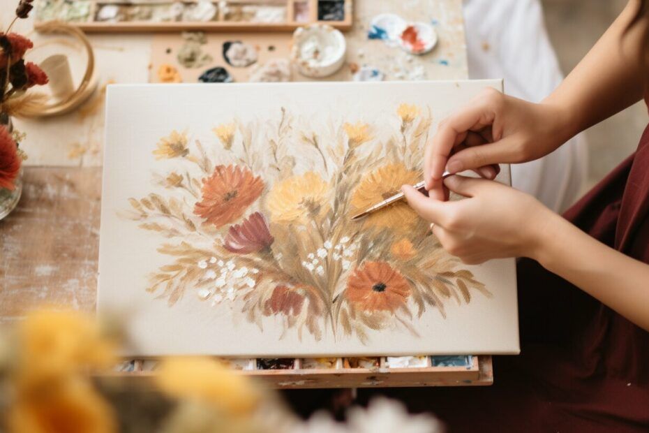 A woman is creating an oil painting of flowers on a canvas, perfect for beginners.