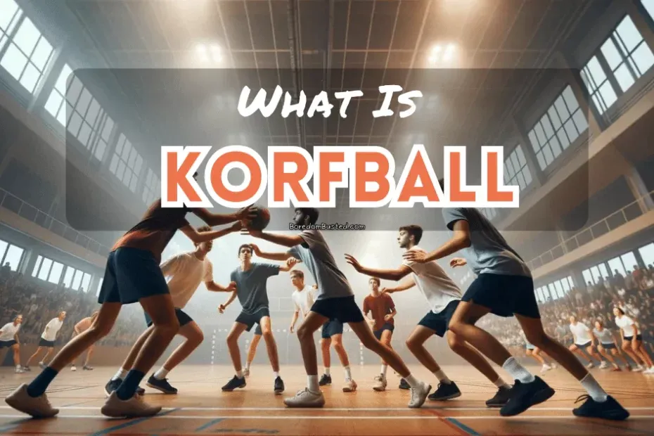 "what is korfball" Wide shot of a korfball match, focusing on players of both genders collaborating to aim for the korf, demonstrating the sport's unique mixed-gender game