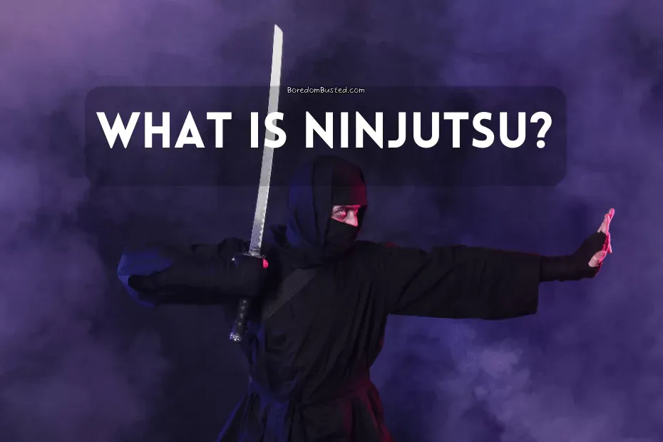 "what is ninjutsu?" featured image, lavender background, black ninja with sword