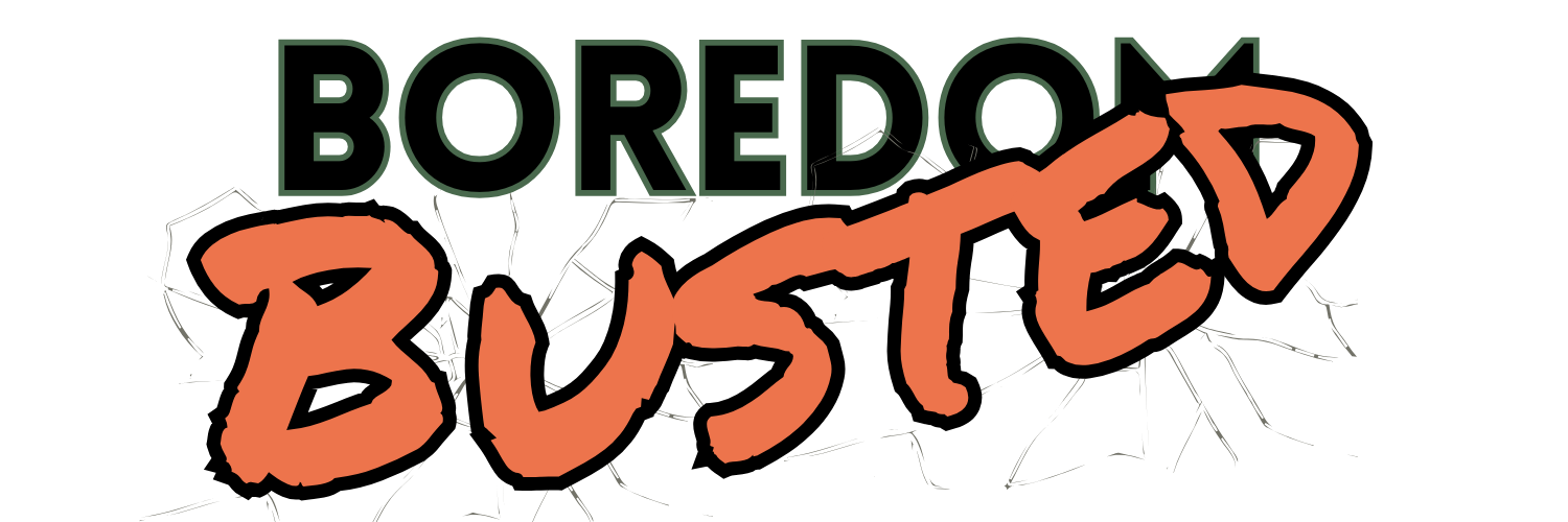 Boredom busted logo, "boredom busted" in black and orange lettering.