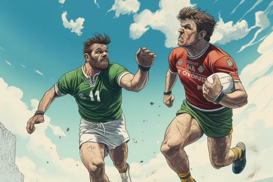 Ireland vs England rugby and Gaelic football illustration
